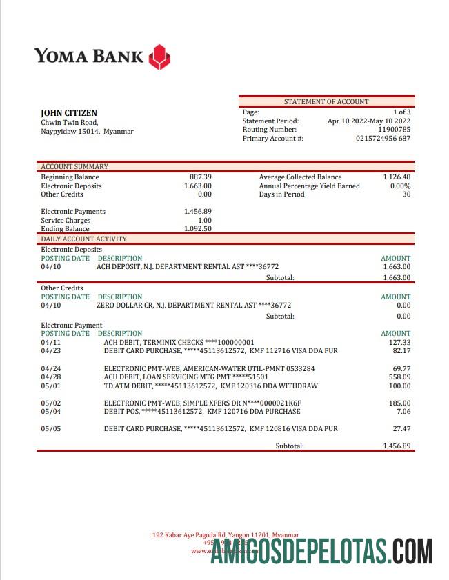 Myanmar Yoma Bank Statement examplo
